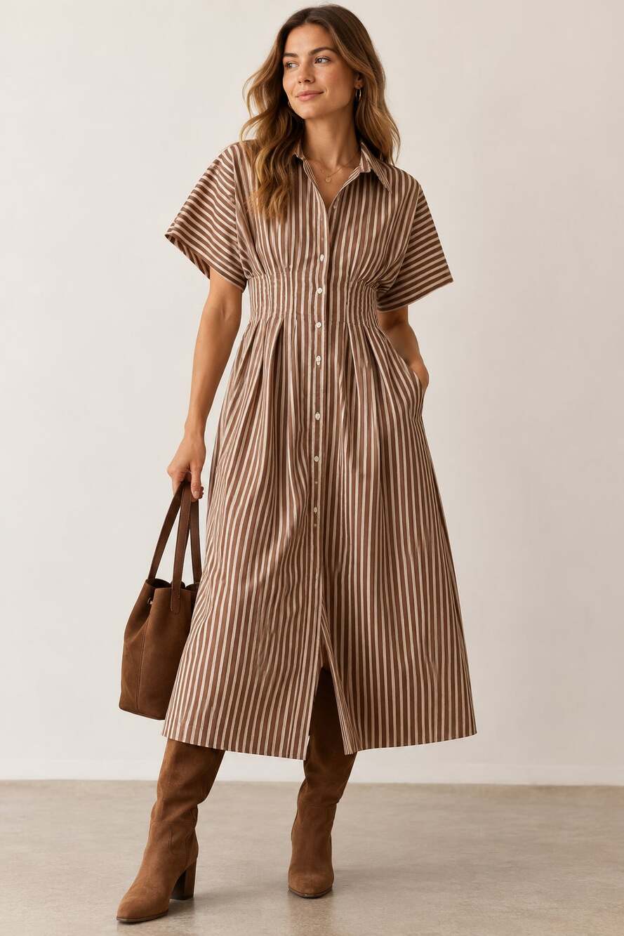Anthropologie Exquise Tobie Midi Shirt Dress Brown Stripe Combo Size M NWT